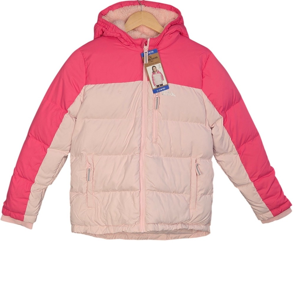 Eddie Bauer Puffer Down Jacket Girls Large 14/16 Pink Winter Coat Hooded NEW